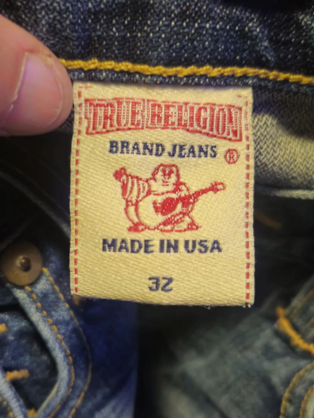 True Religion Mens Straight Leg Jeans in Blue with Yellow Stitching
